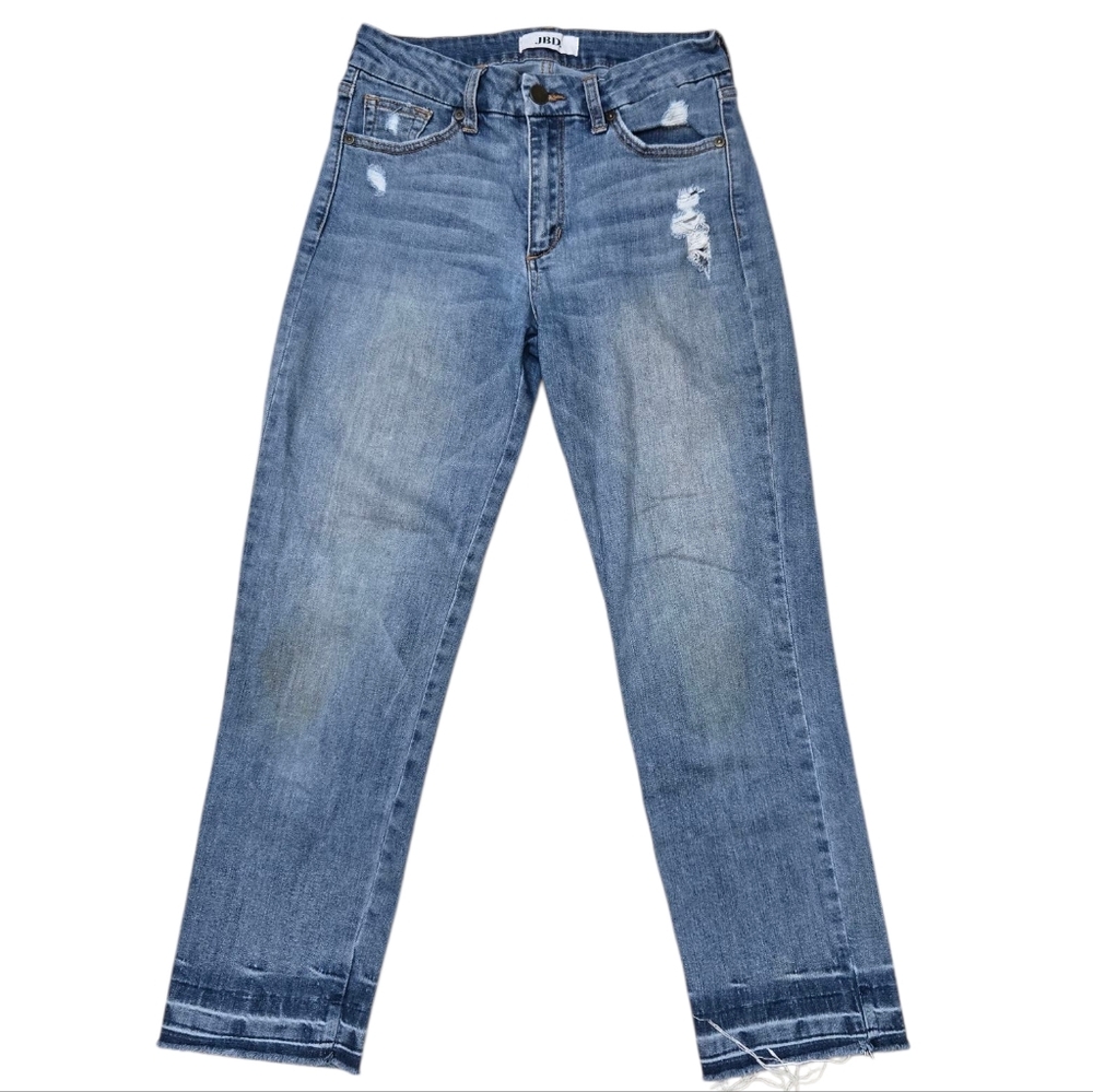 JBD Just Black Denim Distressed Raw Hem Mid Rise Blue Jean Straight Leg 26